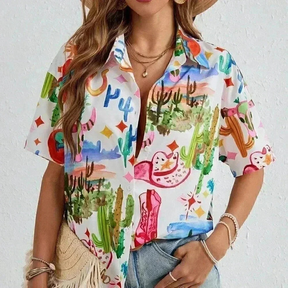 Tops - White Casual Women's Vacation Doodle Print Regular Fit Shirt